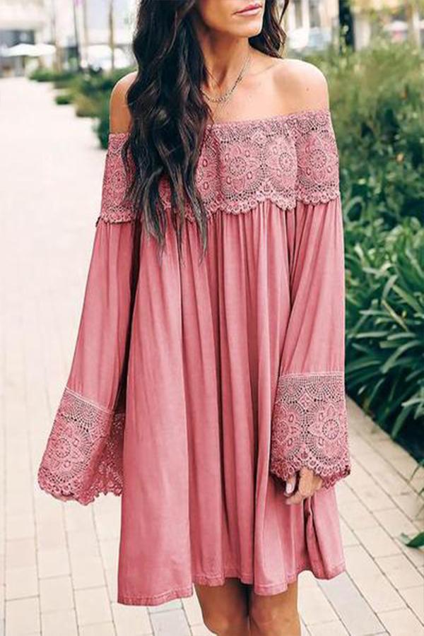 Off-Shoulder Lace Stitching Flared Sleeve Mini Dress