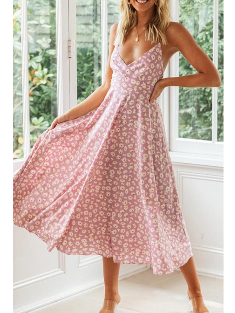 Pretty Floral A-line Backless Midi Dress (3 Colors)