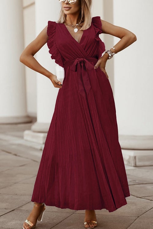 Fashion V Neck Solid Color Slim Ruffle Smocked Dress