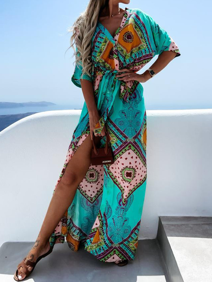 Bohemian Print V-neck Maxi Dress