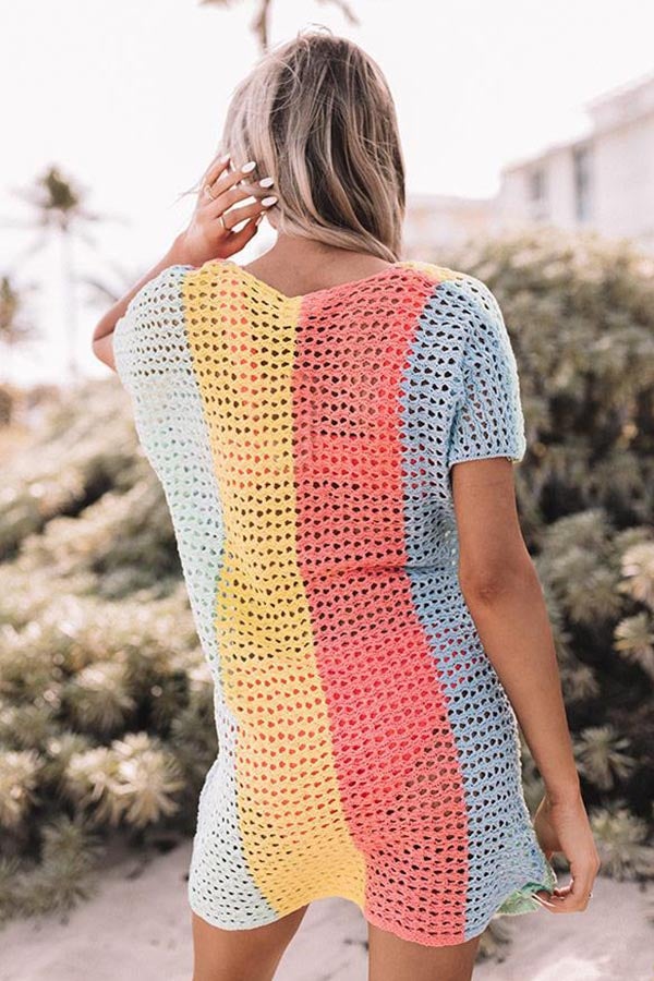 Ocean Whimsy Colorblock Crochet Cover Up Dress