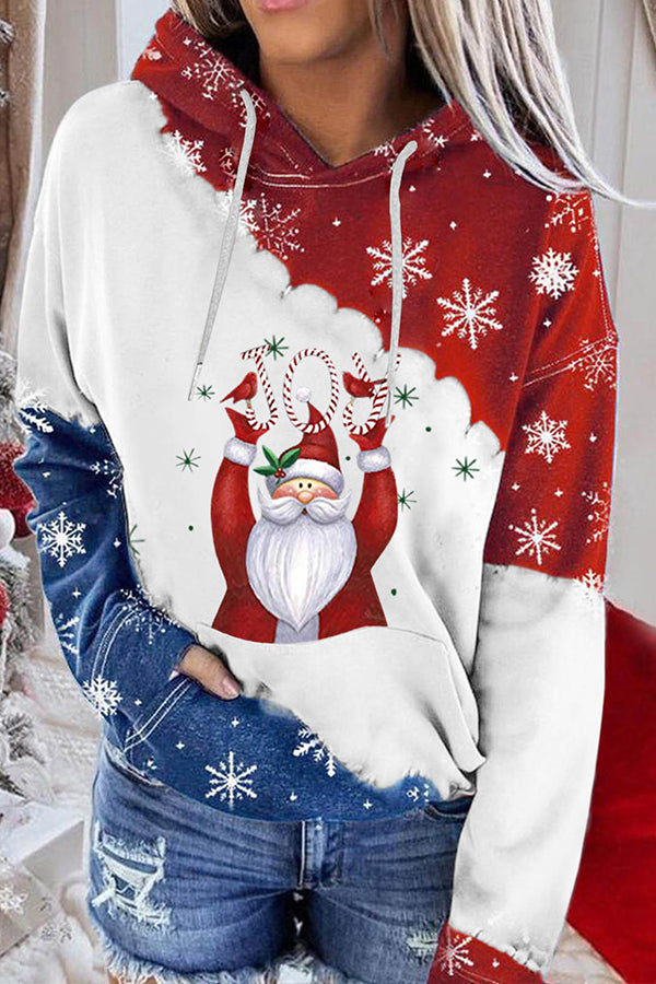 Santa Claus Print Color Block Hoodie (Red and blue)