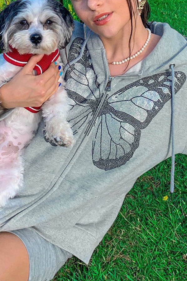 Casual Butterfly Print Zipper Up Hooded Sweatshirt