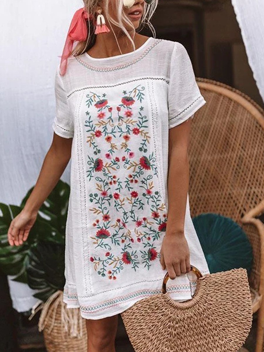 Ethnic Short Sleeve Round Neck Mini Dress