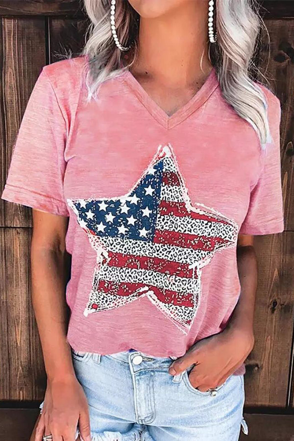 Women's Flag and Star Printed Round Collar Loose T-shirt