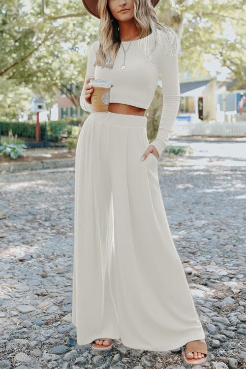 Long Sleeve Cropped Top Wide Leg Pleated Pants Set