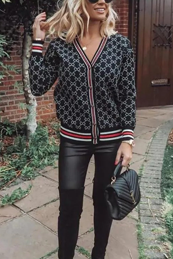 Reversible Letter Print Button Cardigan