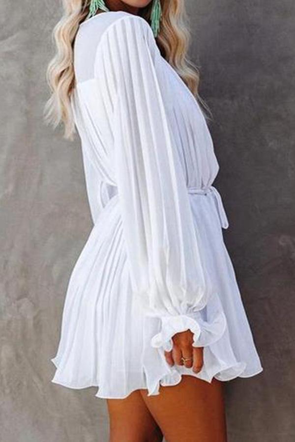 V-Neck Solid Color Pleat Chiffon Dress