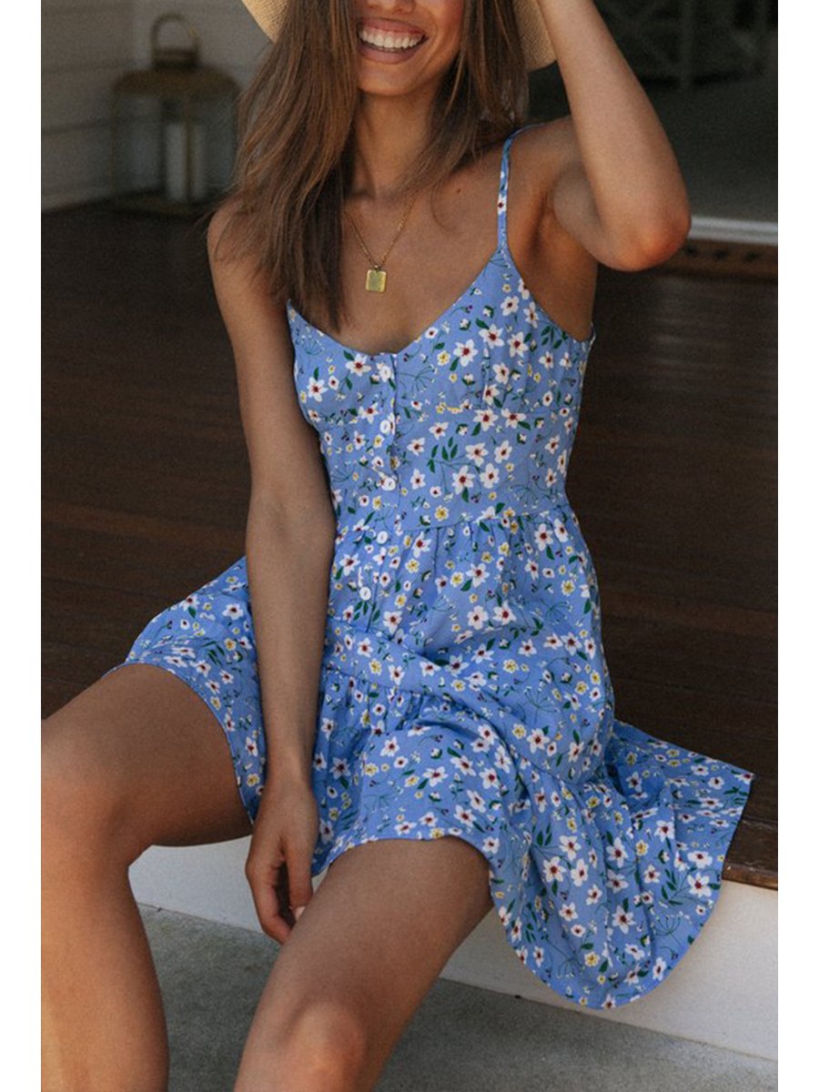 V-neck Straps Ruffle Print Mini Dress