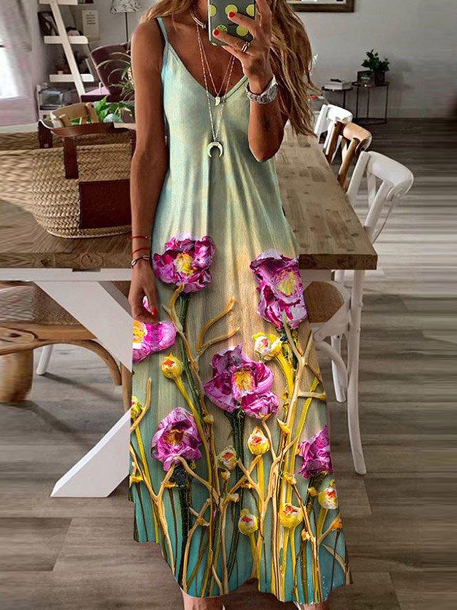 Casual Sphagetti V-neck Print Maxi Dress