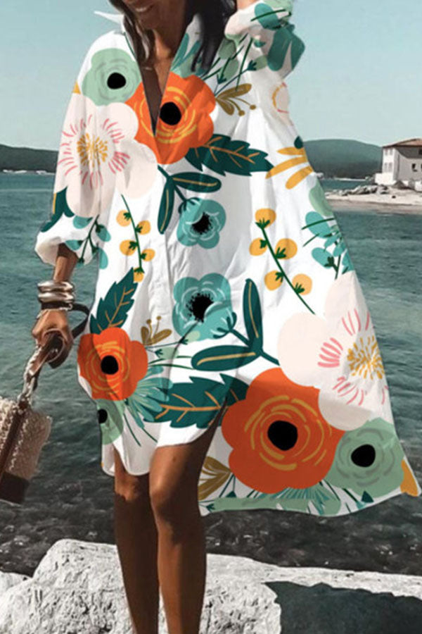 Casual Floral Long V-neck Shift Dress