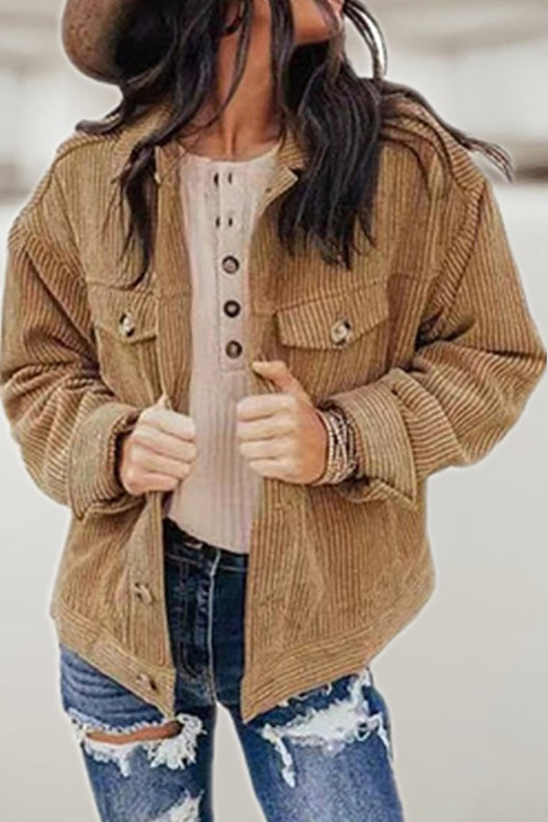 Pocket Button Design Long Sleeve Corduroy Shacket