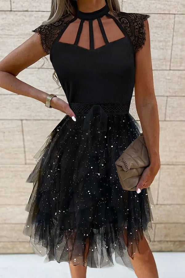 Solid Sequined Lace Midi Dress