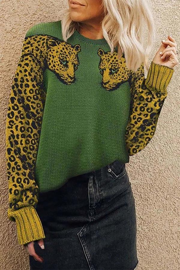 Long Sleeve Animal Print Round Neck Sweater