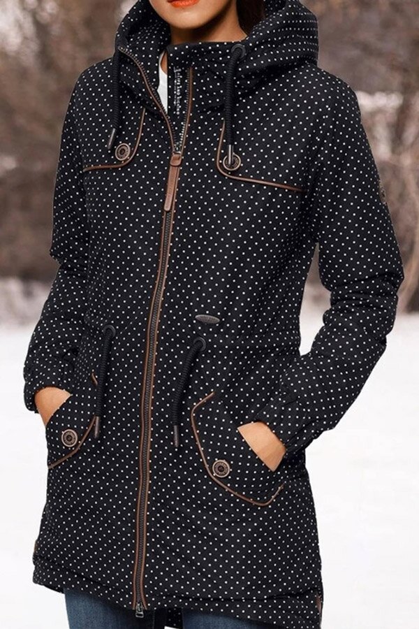 Drawstring Polka Dot Hooded Printed Coat