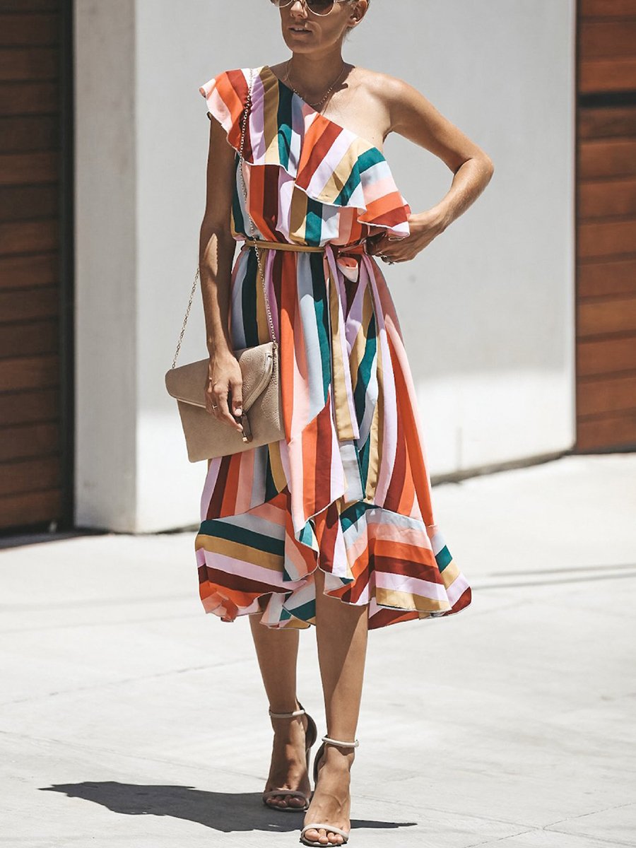 Boho Rainbow Color One-shoulder Dress
