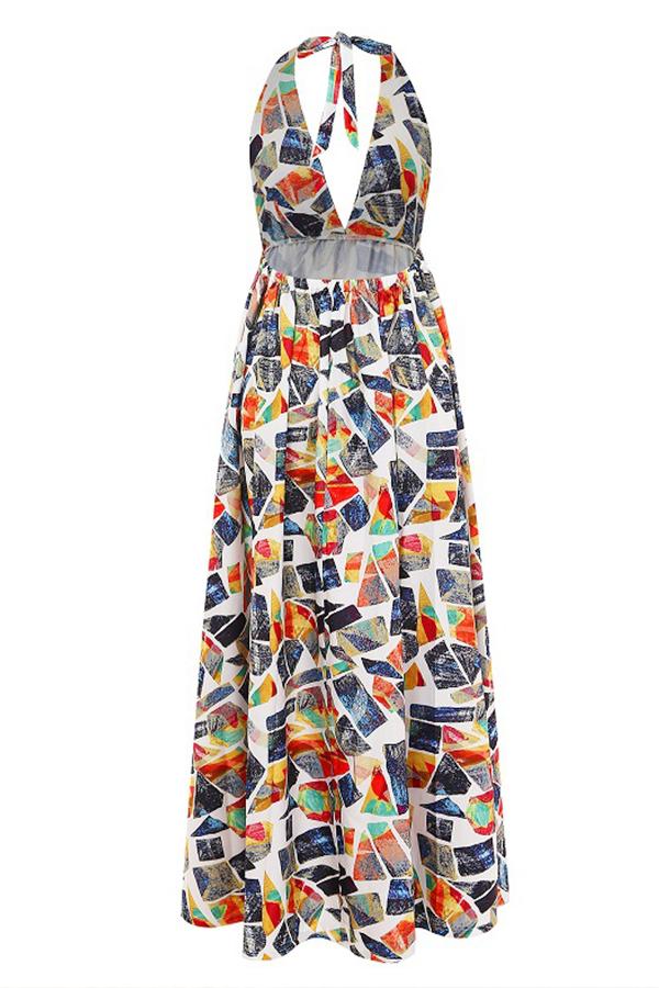 Green Floral Pattern Backless V-neck Sleeveless Fashion Maxi Dress