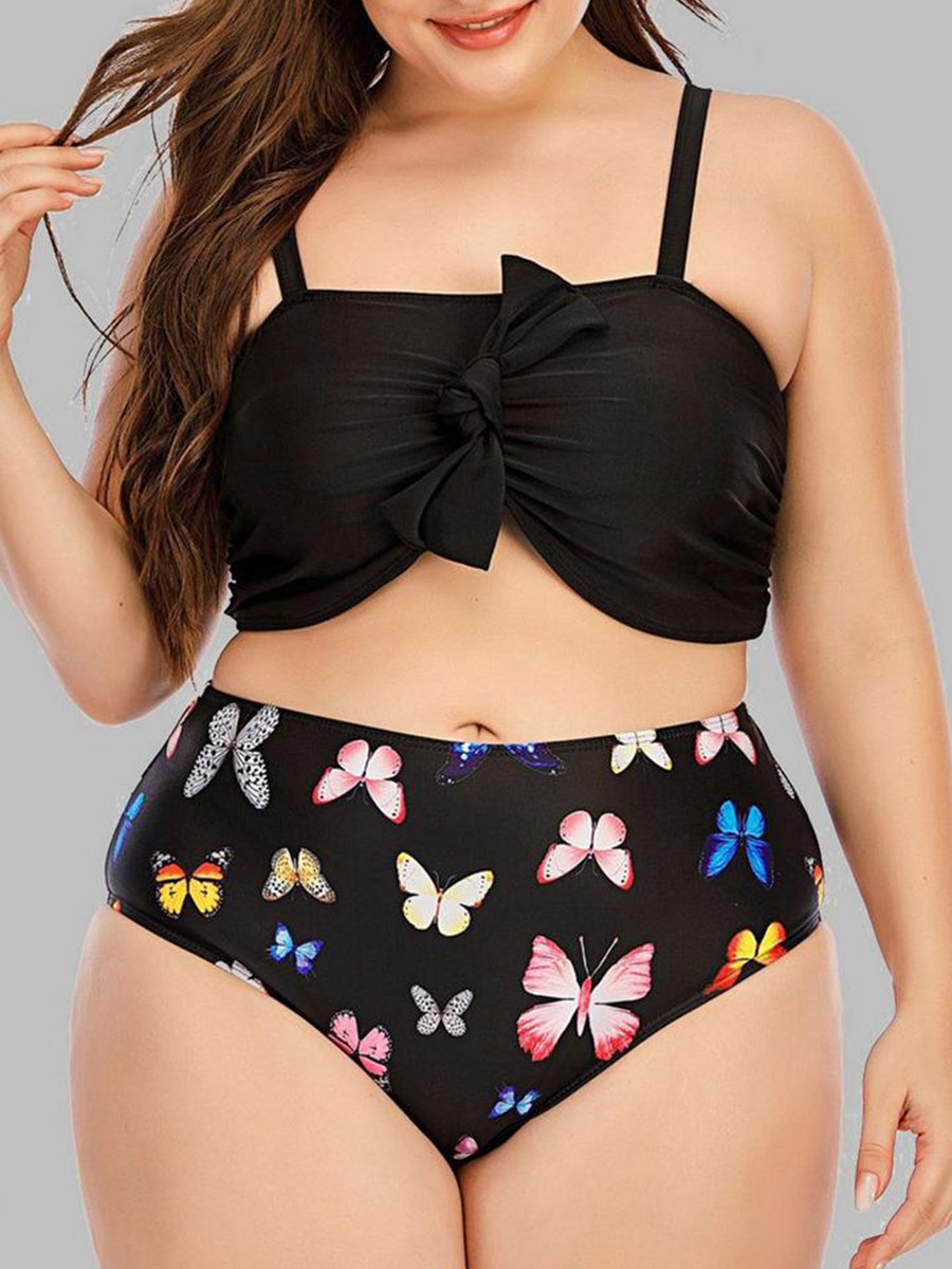 Butterfly Print Ruched Knot Design Black Two-piece Swimsuit
