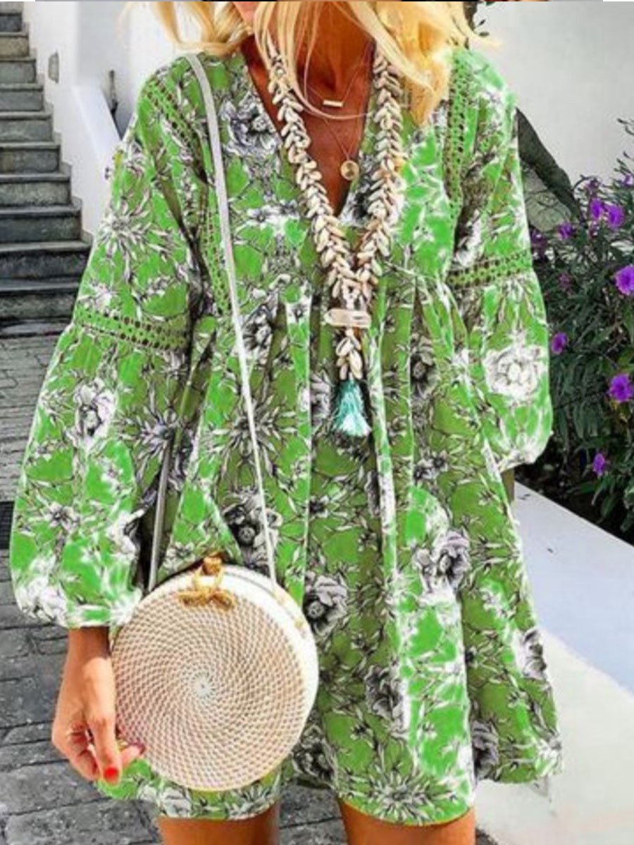 Bohemian Print V-neck Long Sleeve Dress