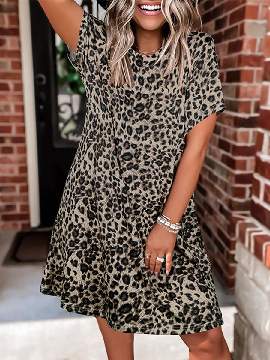 Round Neck Leopard Print Short Sleeve Loose Midi Dress