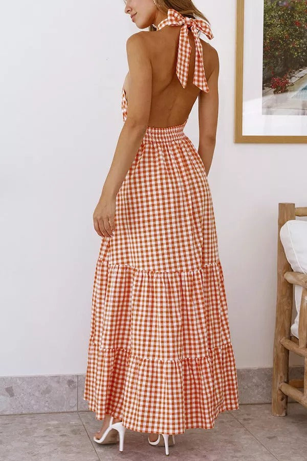 Lovely Dear Cross Halter Neck Plaid Maxi Dress