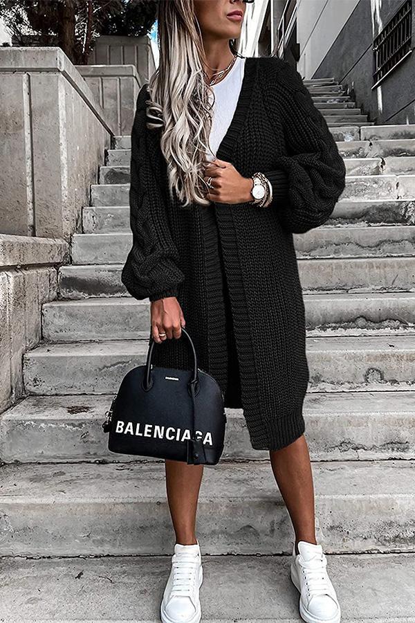 Solid Color Long Lantern Sleeve Knitted Twist Cardigan