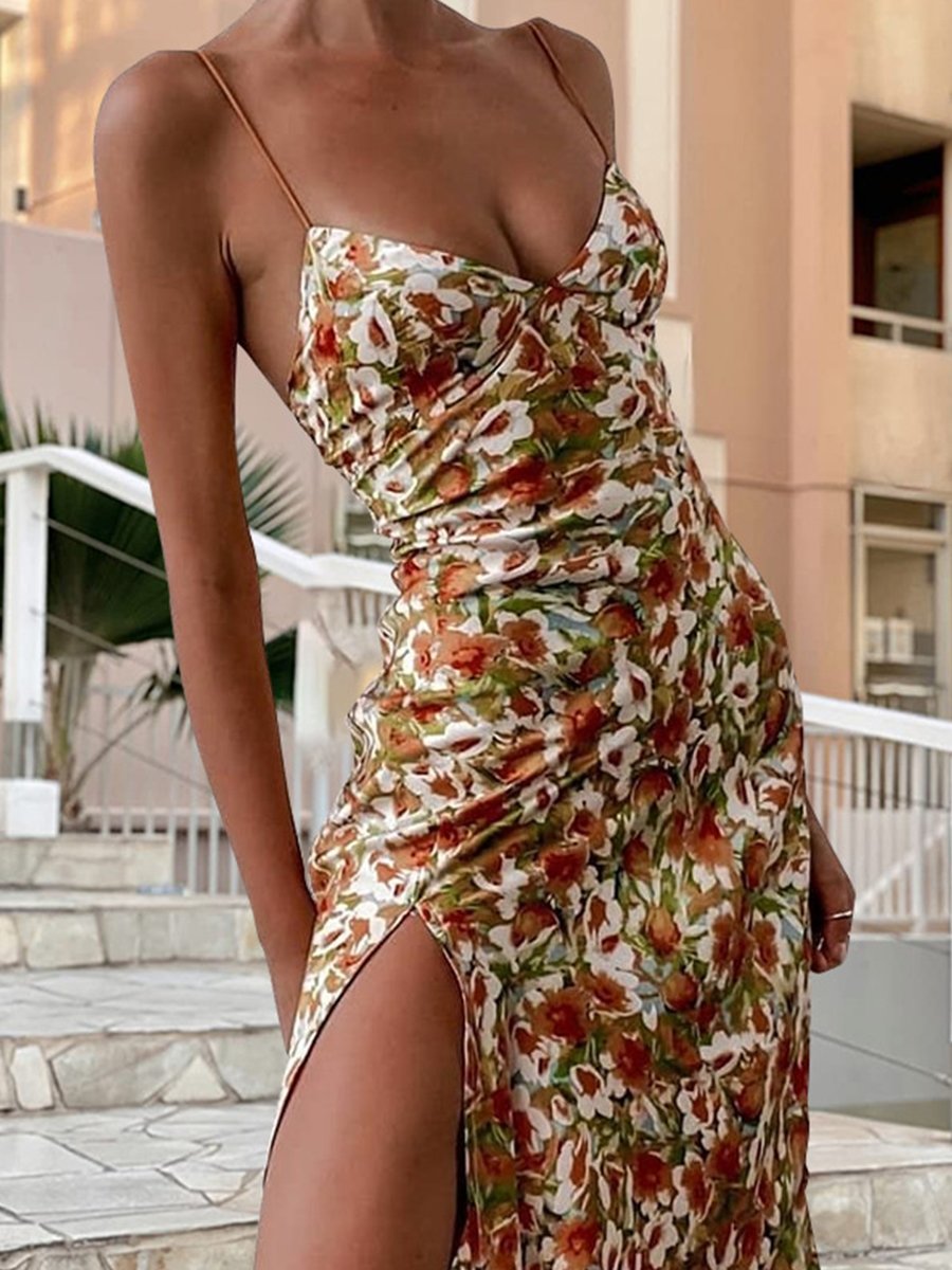 Casual Dress With Suspender And Floral Split