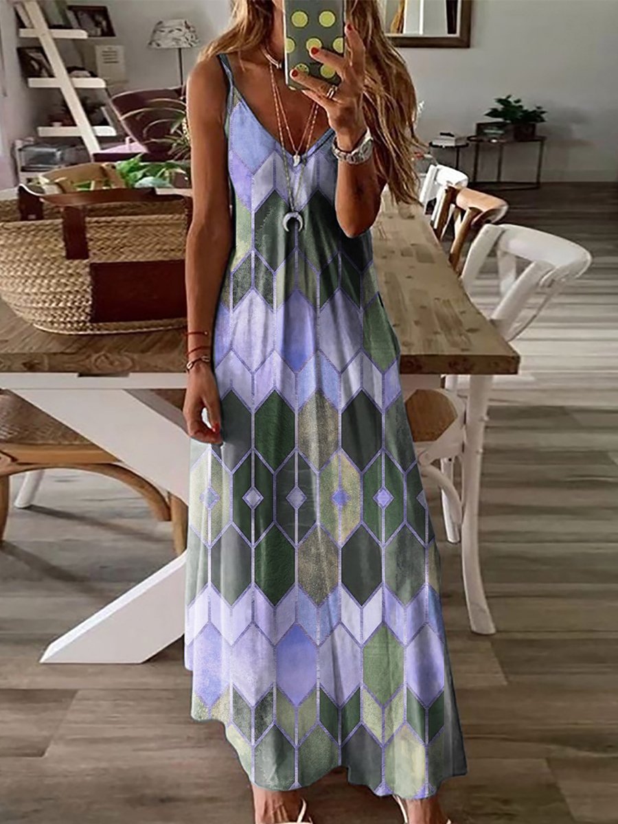 Stylish Geometric Print Sling Baggy Dress