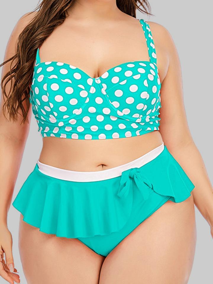 Dot Print Flounce Bow-tie Decoration Red Tankini