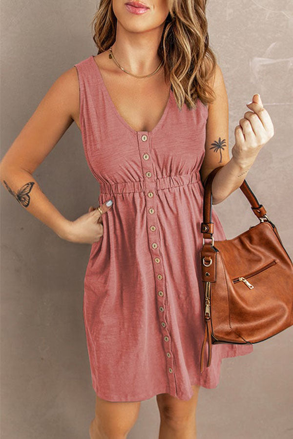 Buttons V Neck Sleeveless Waisted Dress