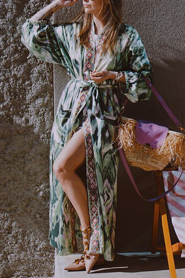 Loose Lace-up Printed Cardigan Dress