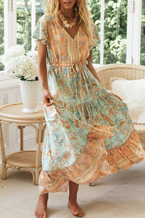 Women's Maxi Dresses Floral Short Sleeve A-line V Neck Button Belt Boho Daily Maxi Dress