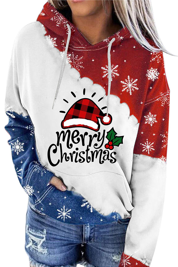 Santa Claus Print Color Block Hoodie (Red and blue)