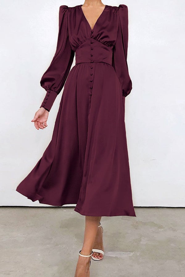 V-neck Lantern Sleeve Waist Slim Vintage Dress