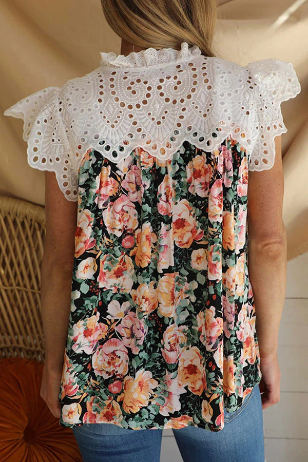 Printed V-Neck Sleeveless Lace Panel Casual T-Shirt