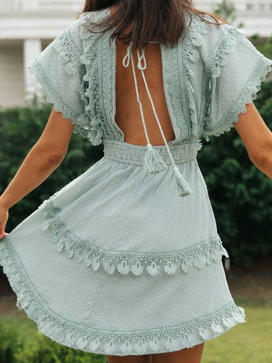 Women's Dress Solid Lace Fringe Mini Dress