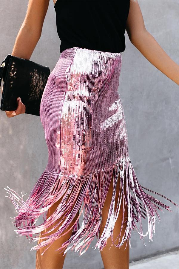 Sequined High Waist Fringed Skirt