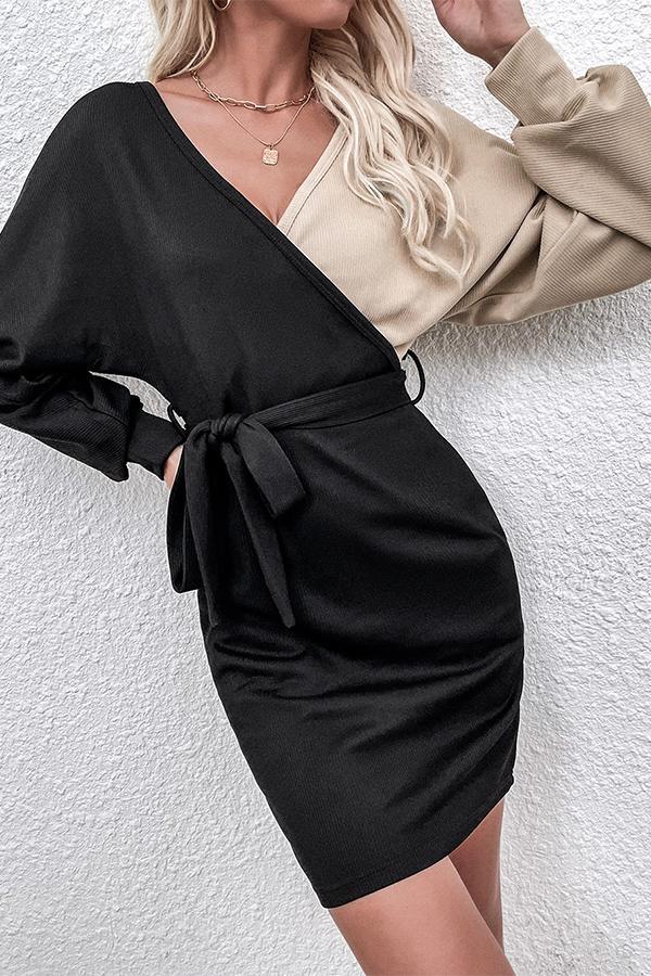 Stitching V-neck Long-sleeved Waist Dress
