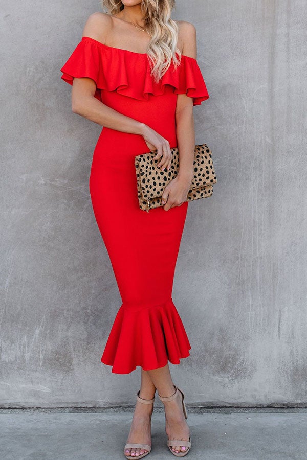 Perfectly Ruffle Off Shoulder Midi Dress