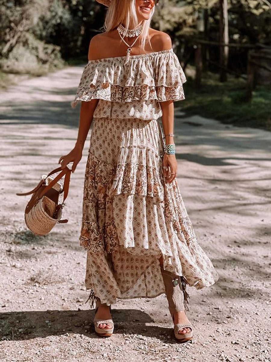Off-the-shoulder Ruffle Smocked Print Maxi Dress