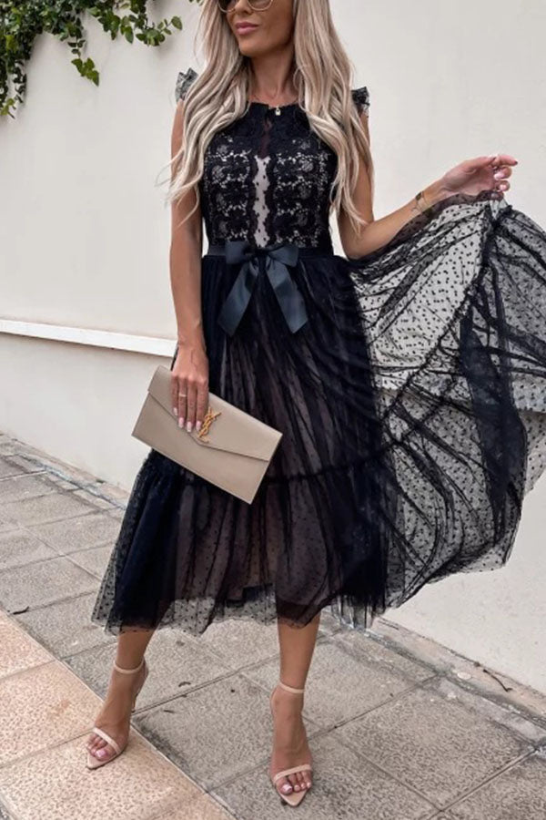 Fashion Solid Color Lace Mesh Panel Dress