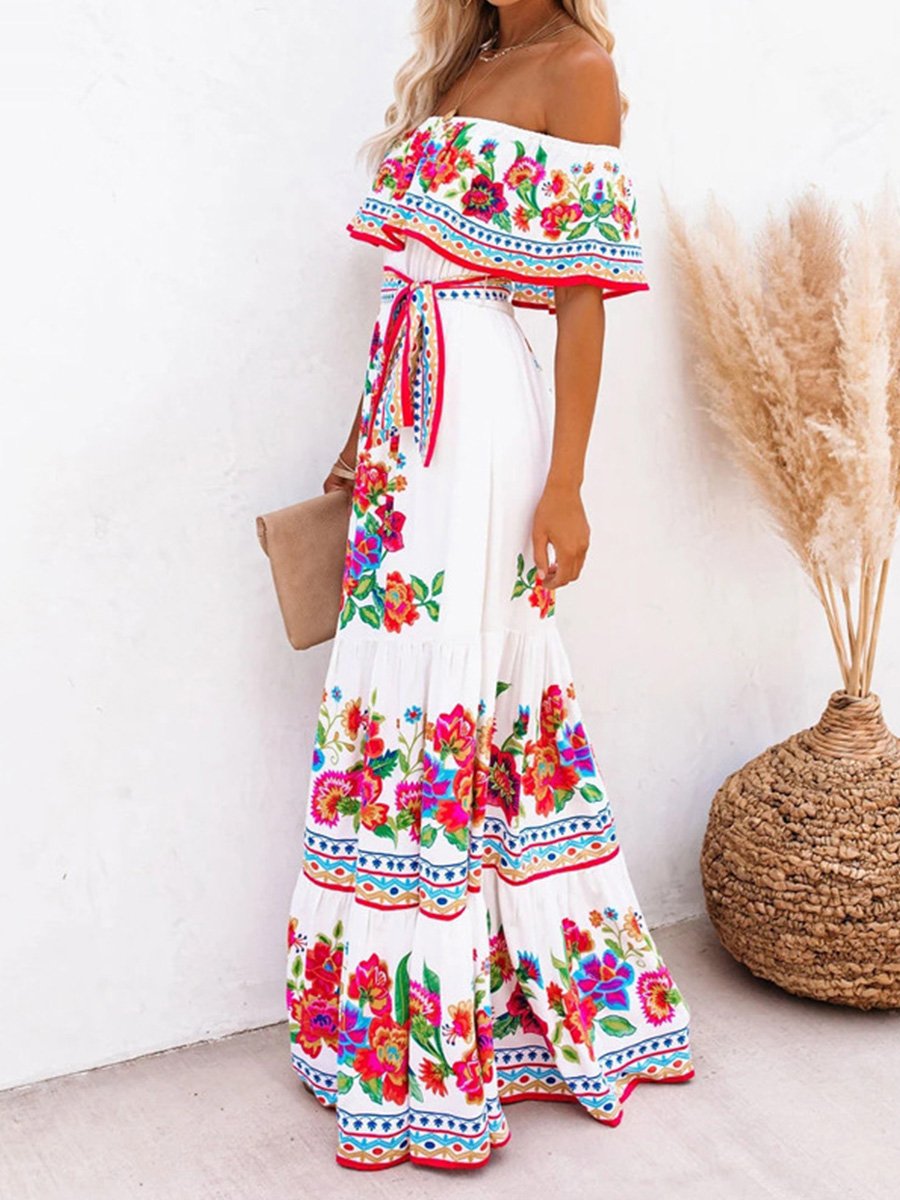 Elegant Off Shoulder Rainbow Maxi Dress