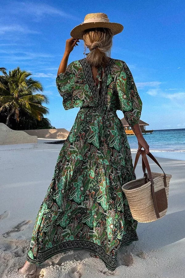 Ocean Sunset Paisley Print Boho Maxi Dress