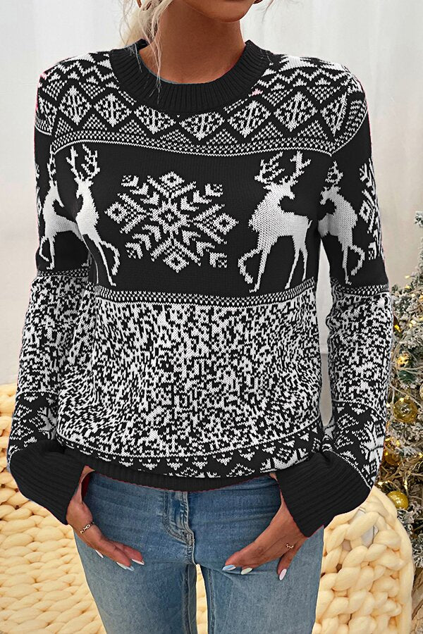 Christmas Knit Round Neck Elk Sweater