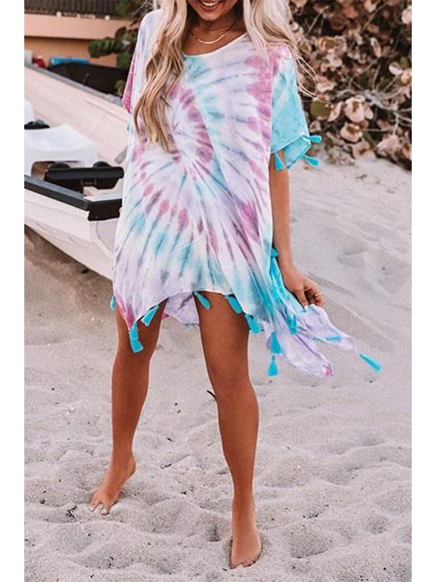 Stylish Irregular Tie Dye Tassels Dress