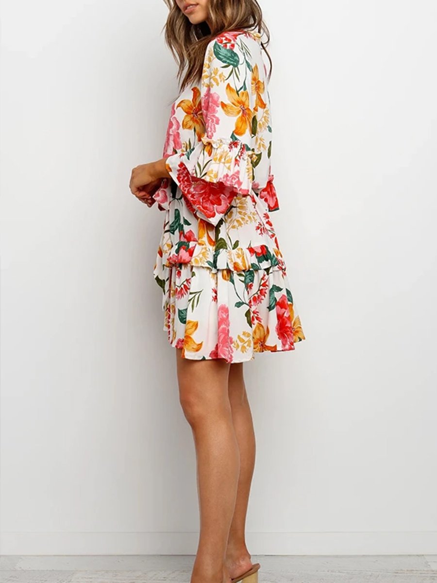 Floral Print Round Collar Pleated Dress