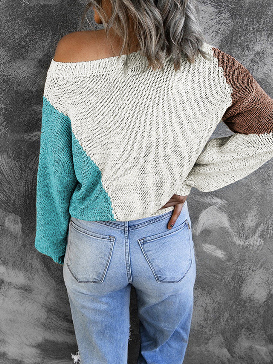 Irregular Color Block Off-shoulder Sweater