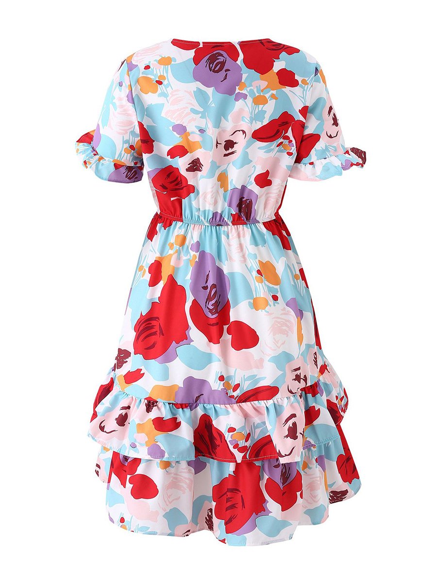 V-neck Short Sleeve Knot Front Ruffle Mini Dress