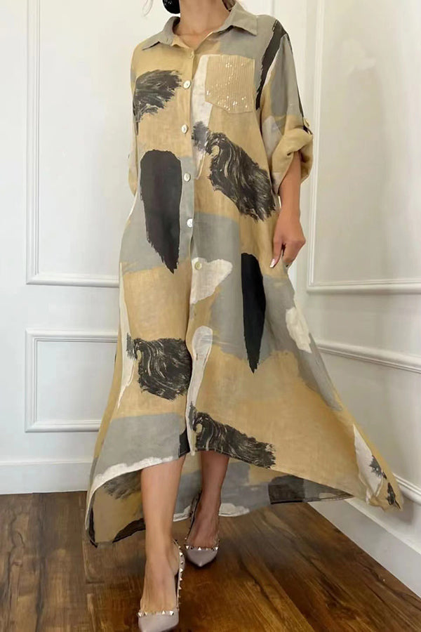 Casual Printed Shirt Collar Irregular Swing Maxi Dress