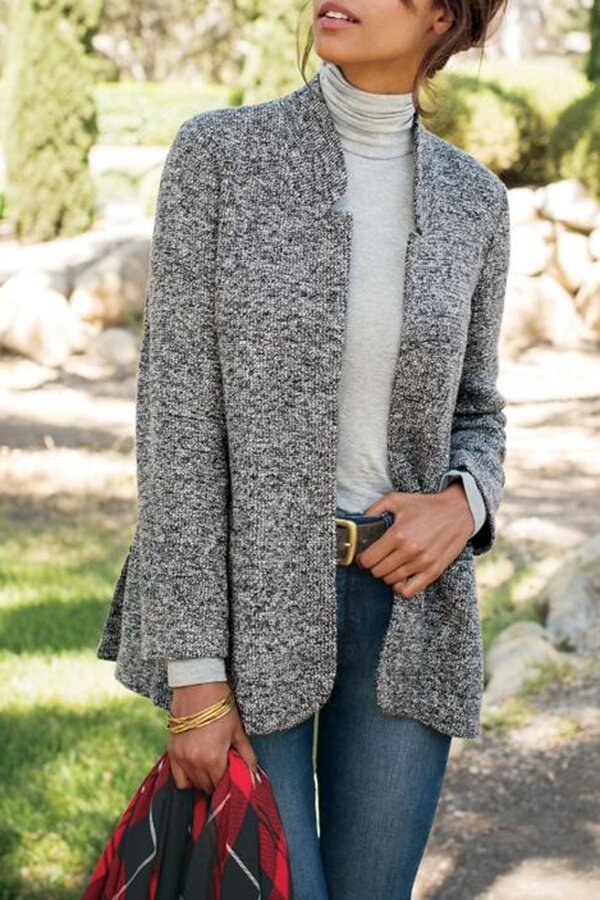 Boucle Mandarin Collar Long Sleeve Blazer